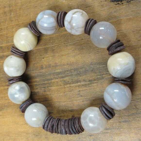 MERRISOTA JEWELRY Agate Coconut Wood Stretch Bracelet Size 6 1/2" Gemstones NEW - Picture 3 of 6